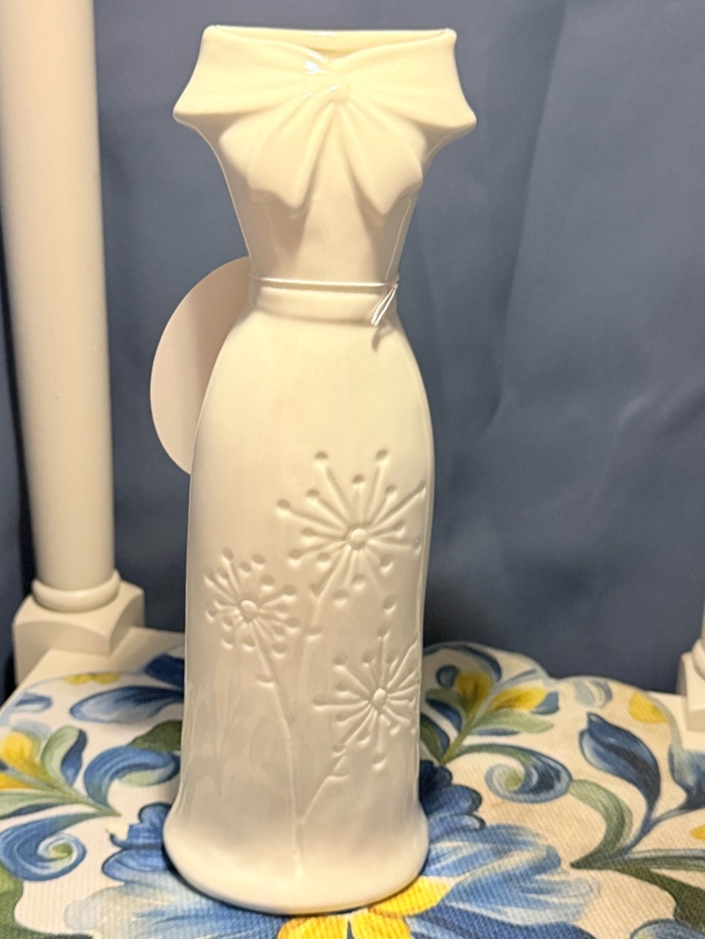 White Ceramic Dress Vase with Embossed Floral Detail